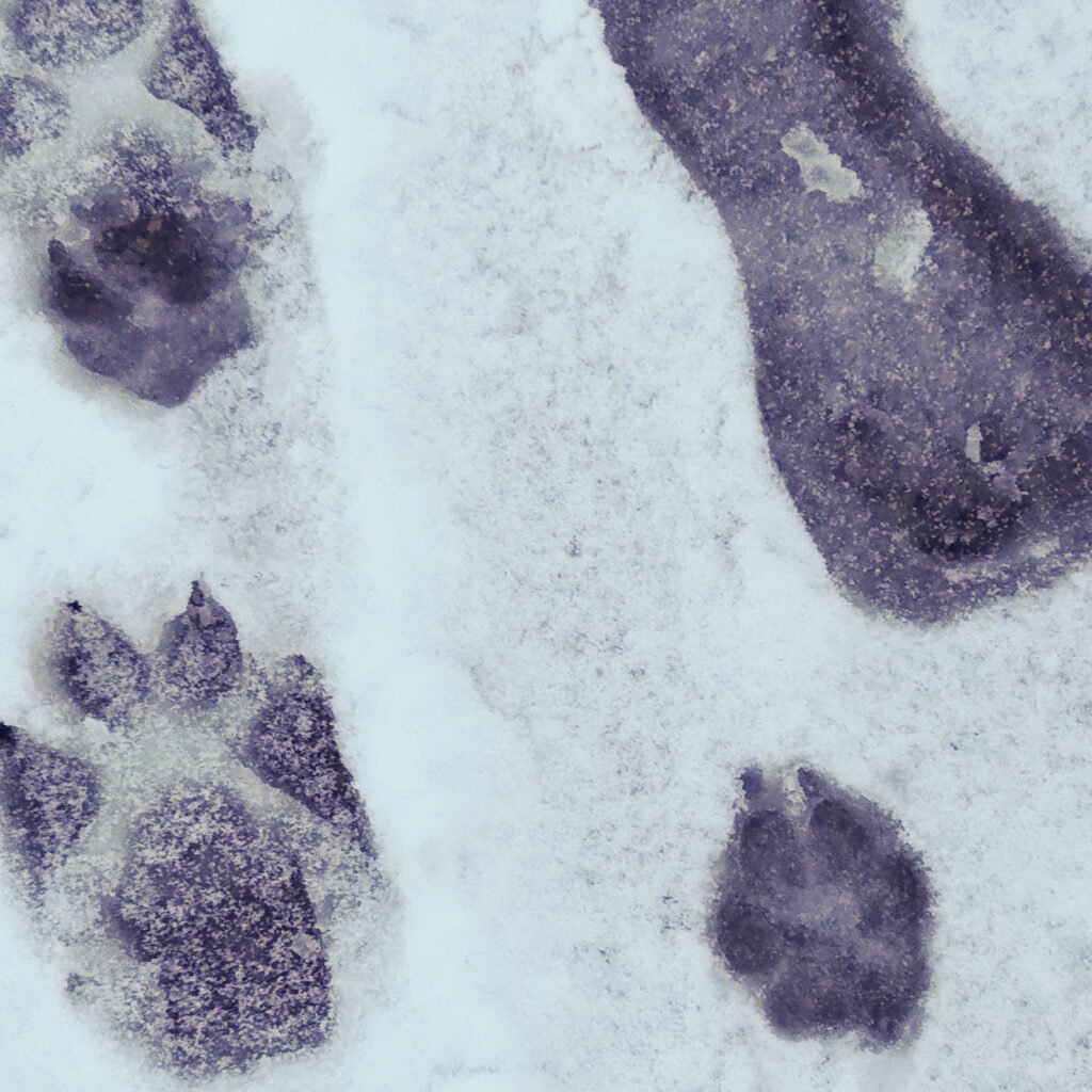 Tracce di impronte di zampe di cane impresse sulla superficie bagnata e testurizzata del sentiero, simbolo del passaggio, della complessità dell'interazione e della vicinanza persistente tra cane e ambiente.